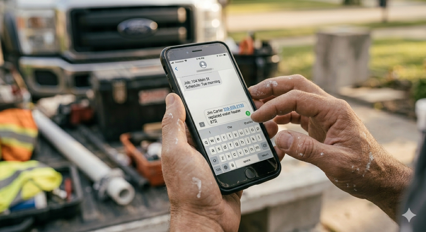 Tradesperson texting invoice at truck tailgate