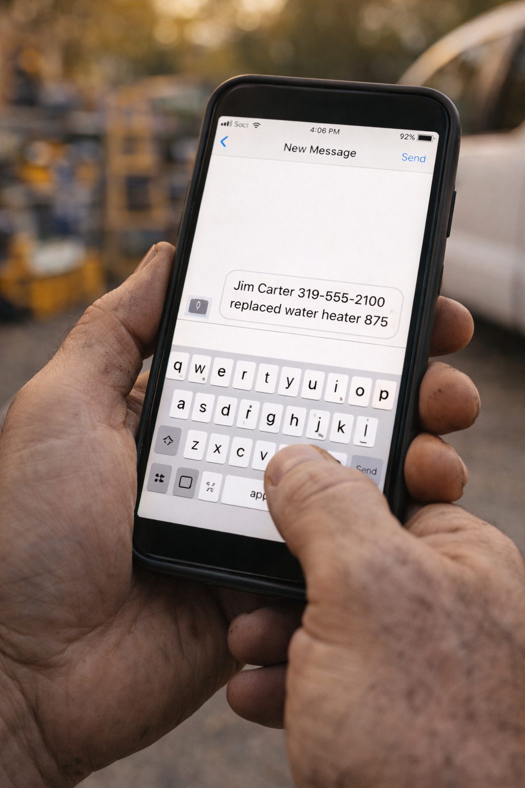 Tradesperson texting an invoice from the job site