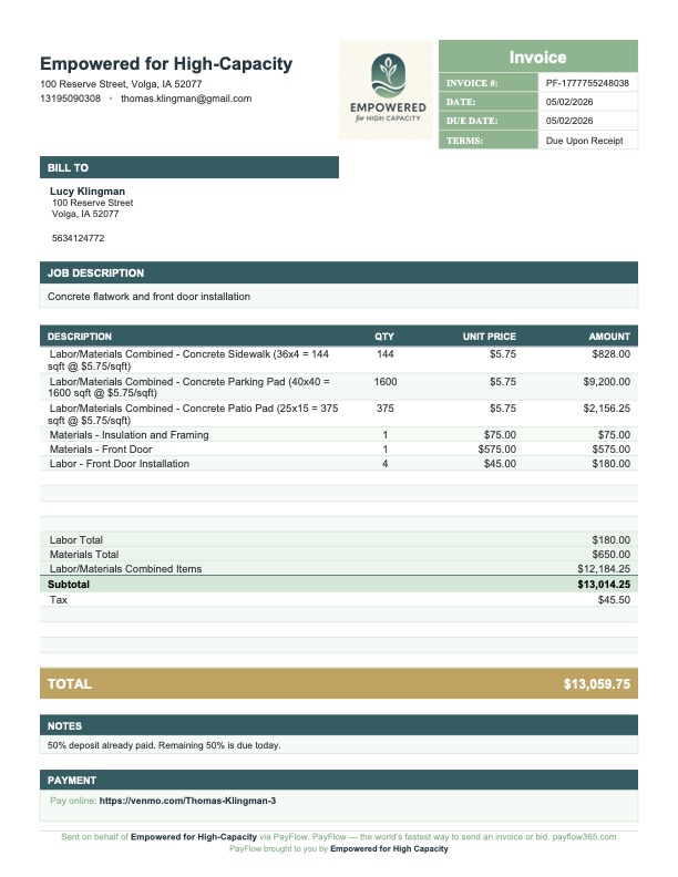 PayFlow365 professional invoice example
